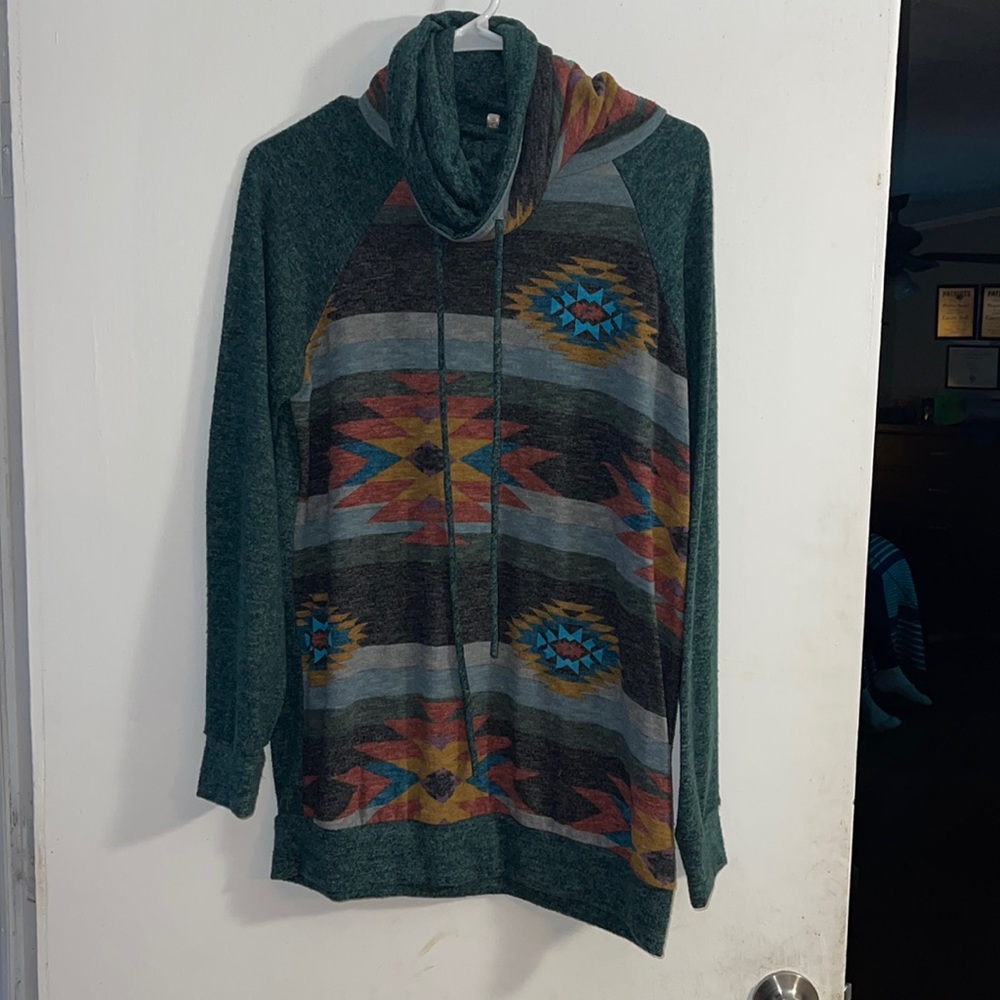 My story, cowl neck, longer length, sweater, polyester, rayon, spandex material